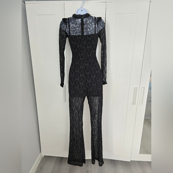 NWT Rare Disturbia Delena Flared Jumpsuit Goth Sheer Flocked Spider Ruffle XS - Picture 10 of 16